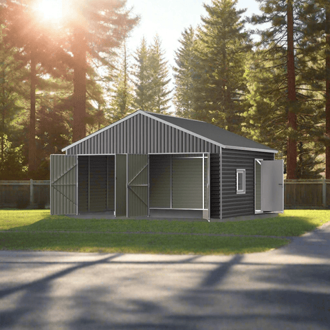 Exterior view of large metal storage shed with double doors
Side angle of steel storage building in backyard
Outdoor shed with steel construction and swing doors