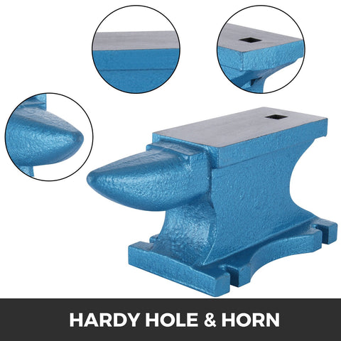 Close-up of cast iron anvil horn and hardy hole for forging
Drop-forged blacksmith anvil with flat surface and blue finish
Side view of 400 LB anvil used for metalworking and welding
Blue cast iron anvil showing base and working surface