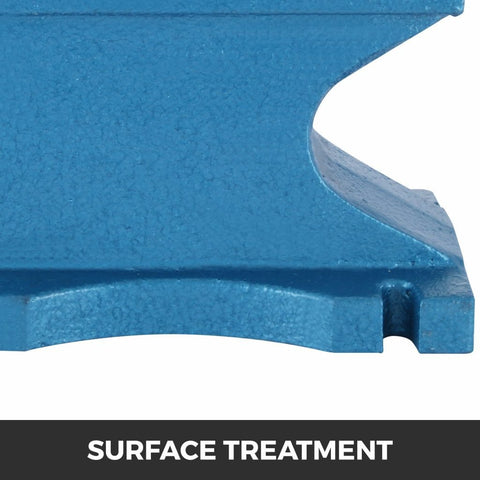 Close-up of cast iron anvil horn and hardy hole for forging
Drop-forged blacksmith anvil with flat surface and blue finish
Side view of 400 LB anvil used for metalworking and welding
Blue cast iron anvil showing base and working surface