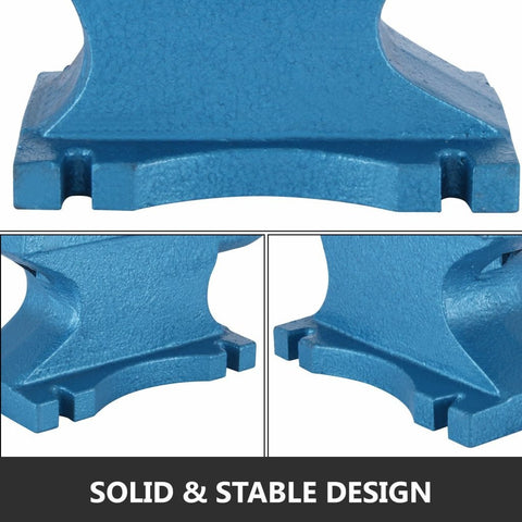 Close-up of cast iron anvil horn and hardy hole for forging
Drop-forged blacksmith anvil with flat surface and blue finish
Side view of 400 LB anvil used for metalworking and welding
Blue cast iron anvil showing base and working surface