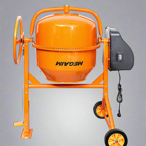 200L cement mixer with large orange drum and AC-powered motor
Electric 9 cu ft concrete mixer CM200M with wheels for portability
Heavy-duty steel frame concrete mixer for job sites