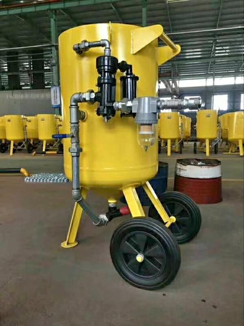 “Yellow 200L industrial sandblaster pot on wheels”
“High-capacity blasting machine with control panel”
“Included parts and components of sandblasting system”