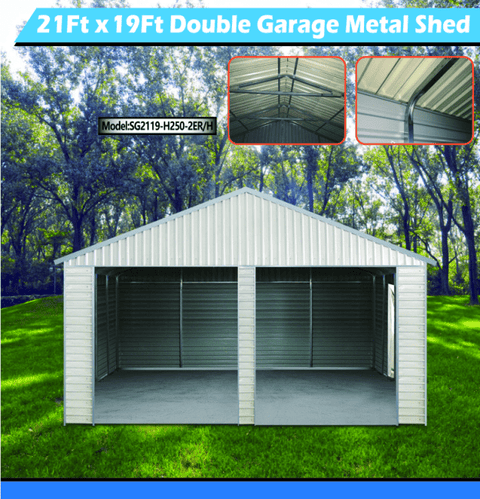 “Front view of 21x19 FT metal garage shed with electric roll-up doors”
“Side view of heavy-duty double metal garage shed structure”
“Spacious steel shed ideal for vehicle or equipment storage”
