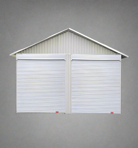 “Front view of 21x19 FT metal garage shed with electric roll-up doors”
“Side view of heavy-duty double metal garage shed structure”
“Spacious steel shed ideal for vehicle or equipment storage”