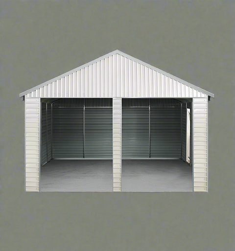 “Front view of 21x19 FT metal garage shed with electric roll-up doors”
“Side view of heavy-duty double metal garage shed structure”
“Spacious steel shed ideal for vehicle or equipment storage”