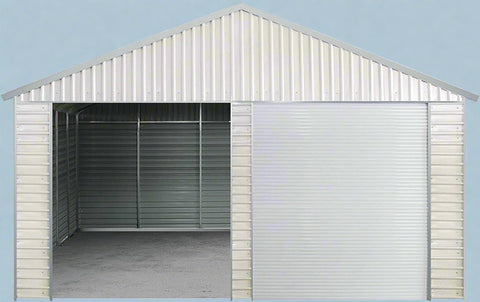 “Front view of 21x19 FT metal garage shed with electric roll-up doors”
“Side view of heavy-duty double metal garage shed structure”
“Spacious steel shed ideal for vehicle or equipment storage”