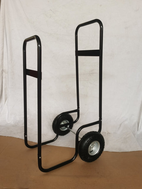 Heavy-duty firewood cart with wheels and black steel frame
220 lb wood carrier with firewood rack design
Outdoor firewood rolling cart for hauling logs
All-terrain log carrier with upright storage option