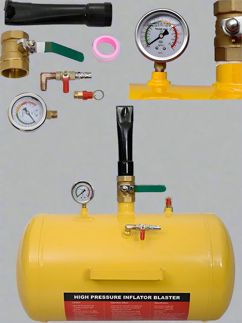 2.4 gallon tire bead blaster with pressure gauge and yellow tank
Pneumatic trigger valve tire bead seater tool
Heavy-duty tire bead seating tank for trucks and ATVs