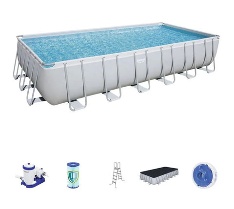 Bestway rectangular steel frame pool full view
Pool kit with pump, ladder, and accessories
Top view of large outdoor family pool
Side view showing reinforced steel frame setup
Pool with children playing in a backyard setting