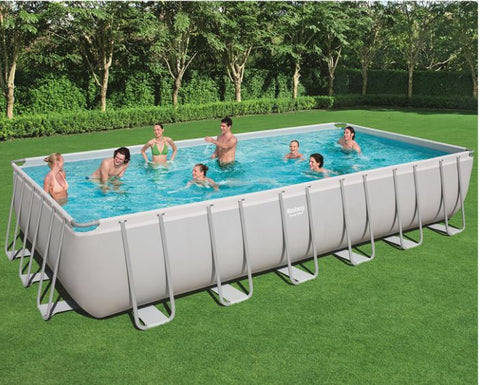 Bestway rectangular steel frame pool full view
Pool kit with pump, ladder, and accessories
Top view of large outdoor family pool
Side view showing reinforced steel frame setup
Pool with children playing in a backyard setting
