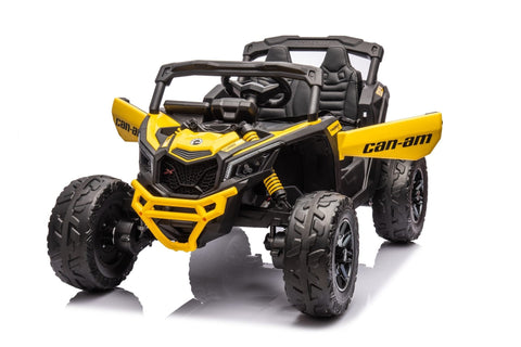 Neon Green 24V Can-Am UTV ride-on car for kids
Side view of Can-Am Maverick electric kids vehicle
Rear suspension view of 2-seater ride-on UTV
LED headlight detail on Can-Am ride-on
Kids ride-on off-road UTV in Neon Pink