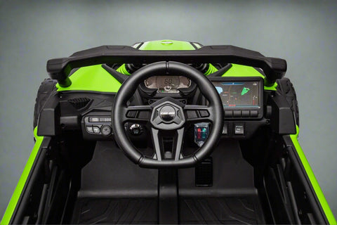 Neon Green 24V Can-Am UTV ride-on car for kids
Side view of Can-Am Maverick electric kids vehicle
Rear suspension view of 2-seater ride-on UTV
LED headlight detail on Can-Am ride-on
Kids ride-on off-road UTV in Neon Pink