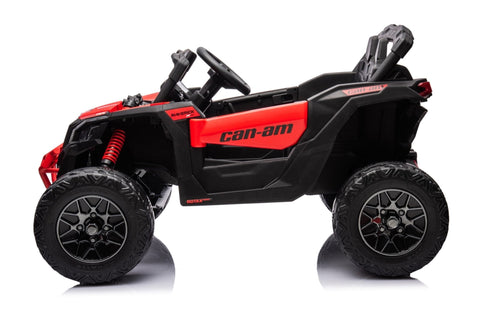 Neon Green 24V Can-Am UTV ride-on car for kids
Side view of Can-Am Maverick electric kids vehicle
Rear suspension view of 2-seater ride-on UTV
LED headlight detail on Can-Am ride-on
Kids ride-on off-road UTV in Neon Pink