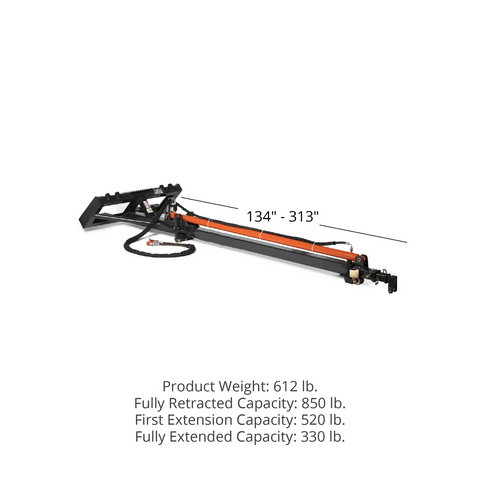 26 FT Telescoping Hydraulic Truss Boom for Skid Steer
Skid Steer Crane Arm Lifting Beam
Truss Boom Fully Extended
Close-up of Hydraulic Truss Boom Cylinders
Heavy-Duty Skid Steer Boom with Safety Valve System