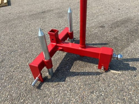 Red 3-point gooseneck hitch with bale spear mount
Tractor trailer hitch attachment with hay spear slots
Reinforced hitch frame for Conus 2 and Conus 1 spear placement
3-point trailer hitch attachment mounted on tractor
Spear holes and 2” trailer receiver on attachment frame