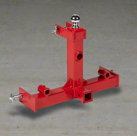 Red 3-point gooseneck hitch with bale spear mount
Tractor trailer hitch attachment with hay spear slots
Reinforced hitch frame for Conus 2 and Conus 1 spear placement
3-point trailer hitch attachment mounted on tractor
Spear holes and 2” trailer receiver on attachment frame