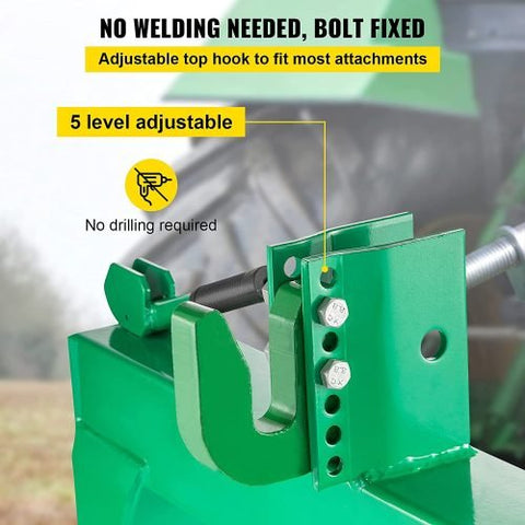 3-point green quick hitch for Category 1 & 2 tractors β heavy-duty steel
Spring-loaded quick hitch with pin hooks and lift arms
Tractor quick hitch in use with implement attached
Quick hitch attachment showing latch and hook configuration