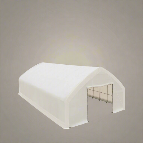 Side view of heavy-duty outdoor warehouse shelter with UV-resistant white cover