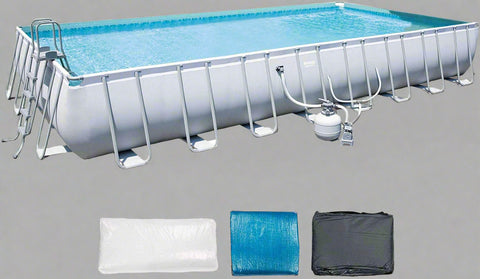 Steel frame swimming pool summer setup with ground cloth