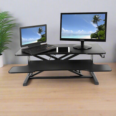 32 inch standing desk riser with keyboard tray
sit-stand workstation converter for office
height adjustable desktop riser setup
ergonomic workstation for dual monitors
home office sit-stand desk converter