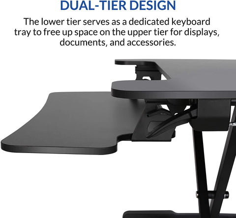 32 inch standing desk riser with keyboard tray
sit-stand workstation converter for office
height adjustable desktop riser setup
ergonomic workstation for dual monitors
home office sit-stand desk converter