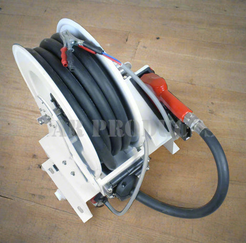 Close-up of retractable hose reel for diesel fuel transfer – 60L/min capacity