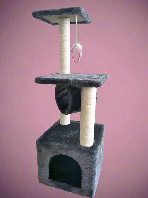 36-inch gray cat tower with scratching posts and tunnel
Multi-level cat condo with sisal posts and perches
Compact cat tree for small spaces and indoor cats