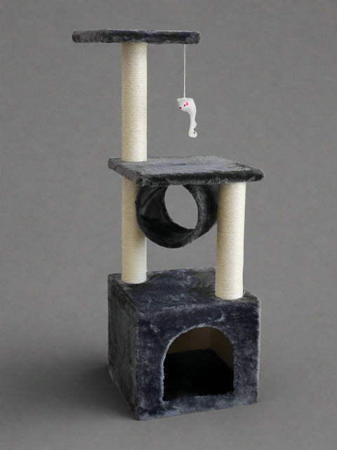 36-inch gray cat tower with scratching posts and tunnel
Multi-level cat condo with sisal posts and perches
Compact cat tree for small spaces and indoor cats
