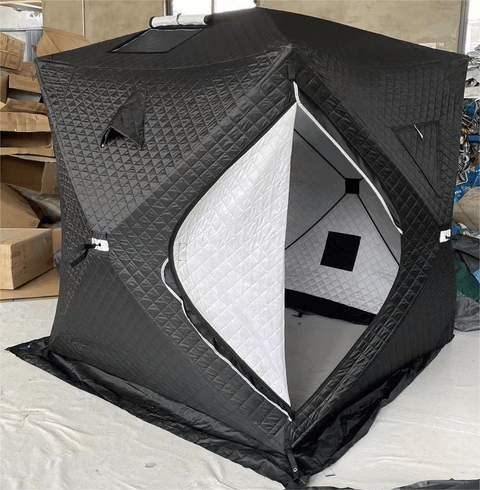 "Heavy-duty insulated pop-up ice fishing tent for 4-6 people"
"Black pop-up ice shelter with durable waterproof construction"
"Spacious insulated tent for winter camping and ice fishing"
"Pop-up setup ice fishing tent with chimney port option"
"Portable insulated ice fishing shelter with heavy-duty fabric"