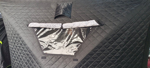 "Heavy-duty insulated pop-up ice fishing tent for 4-6 people"
"Black pop-up ice shelter with durable waterproof construction"
"Spacious insulated tent for winter camping and ice fishing"
"Pop-up setup ice fishing tent with chimney port option"
"Portable insulated ice fishing shelter with heavy-duty fabric"