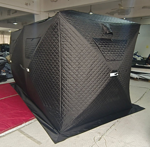"Heavy-duty insulated pop-up ice fishing tent for 4-6 people"
"Black pop-up ice shelter with durable waterproof construction"
"Spacious insulated tent for winter camping and ice fishing"
"Pop-up setup ice fishing tent with chimney port option"
"Portable insulated ice fishing shelter with heavy-duty fabric"