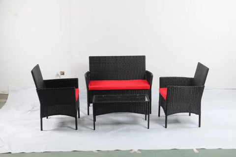 4 PCS Outdoor PE Rattan Furniture Set – Black Patio Sofa Chairs with Cushions and Glass Coffee Table