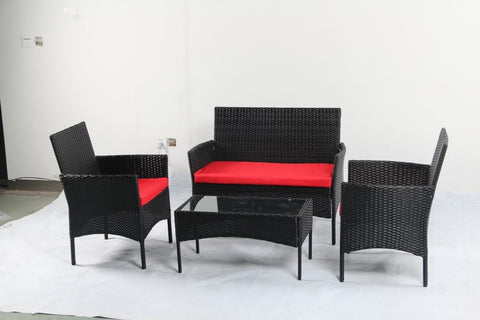 4 PCS Outdoor PE Rattan Furniture Set – Black Patio Sofa Chairs with Cushions and Glass Coffee Table