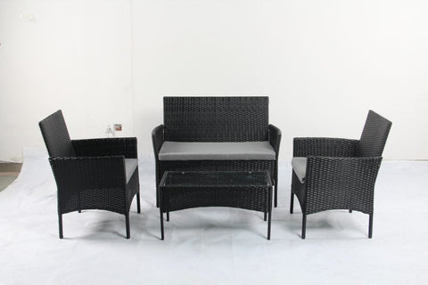 4 PCS Outdoor PE Rattan Furniture Set – Black Patio Sofa Chairs with Cushions and Glass Coffee Table