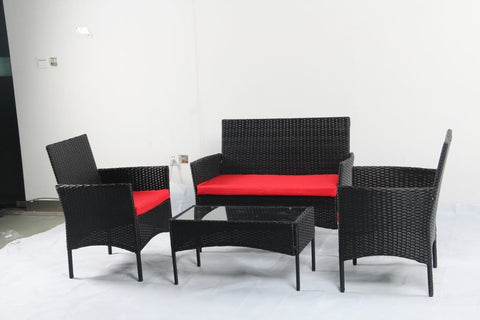 4 PCS Outdoor PE Rattan Furniture Set – Black Patio Sofa Chairs with Cushions and Glass Coffee Table