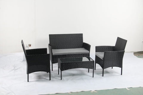 4 PCS Outdoor PE Rattan Furniture Set – Black Patio Sofa Chairs with Cushions and Glass Coffee Table