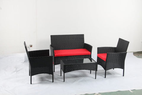 4 PCS Outdoor PE Rattan Furniture Set – Black Patio Sofa Chairs with Cushions and Glass Coffee Table