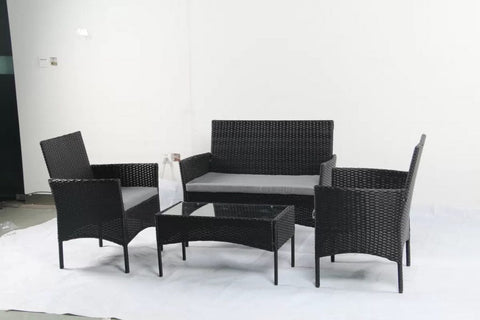 4 PCS Outdoor PE Rattan Furniture Set – Black Patio Sofa Chairs with Cushions and Glass Coffee Table
