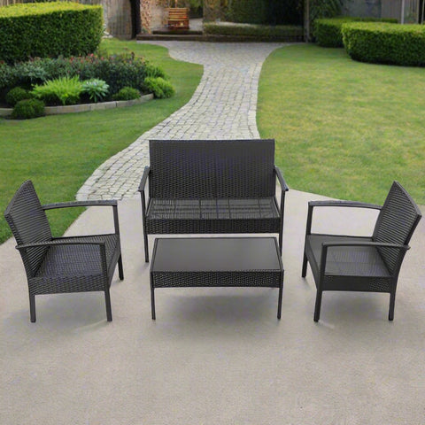 Black rattan outdoor furniture set with loveseat and chairs
4-piece outdoor patio set with glass coffee table on patio
Weather-resistant black PE rattan seating with cushions
Loveseat and two single chairs outdoor set with glass table