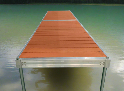 Complete aluminum dock system with wood grain vinyl decking
4x10 FT aluminum dock section by water
Aluminum dock kit with base plates and auger ends
Lakefront dock system installation with ramp connector