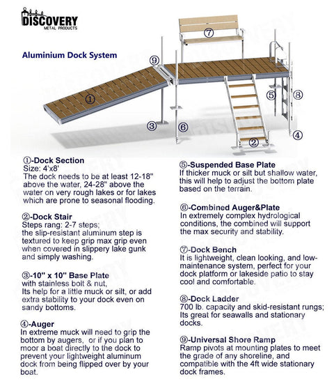 Complete aluminum dock system with wood grain vinyl decking
4x10 FT aluminum dock section by water
Aluminum dock kit with base plates and auger ends
Lakefront dock system installation with ramp connector