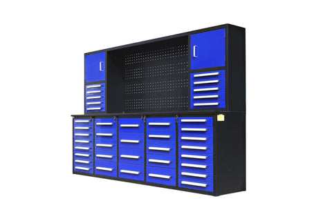 Deluxe 10 FT Tool Workbench System with 40 Red Drawers and Pegboard
Drawer Detail: Lockable Red Tool Cabinet Drawers with Smooth Slides
Pegboard View: Steel Pegboard Panel with Hanging Tool Storage
Blue Variant: Blue 10 FT Tool Cabinet Workstation with Upper and Lower Cabinets
Side Angle: Heavy-Duty Tool Workbench in Blue or Red Finish – Side Profile