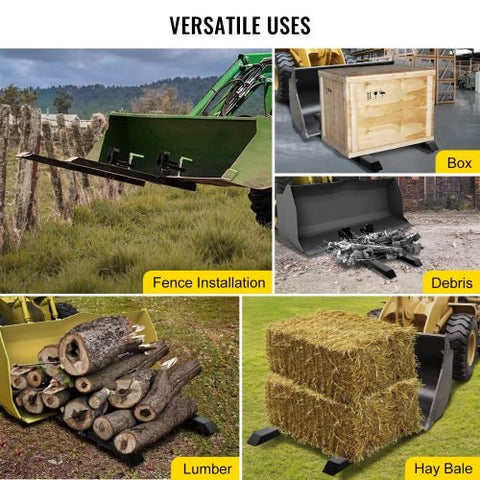43-inch clamp-on pallet forks with stabilizer bar installed on tractor
Skid steer pallet forks loading hay bales
Adjustable clamp pallet forks for farm and industrial use
Tractor bucket pallet fork attachment with 4,000 lb capacity
Clamp-on pallet forks close-up showing tension screws and bracket