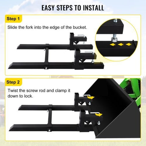 43-inch clamp-on pallet forks with stabilizer bar installed on tractor
Skid steer pallet forks loading hay bales
Adjustable clamp pallet forks for farm and industrial use
Tractor bucket pallet fork attachment with 4,000 lb capacity
Clamp-on pallet forks close-up showing tension screws and bracket