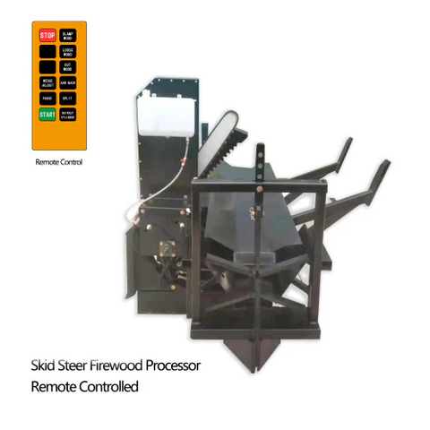 Skid steer firewood processor with 45-ton splitter attached
Log splitter with Stihl saw mounting plate
Firewood processing log cradle and splitting wedge
Heavy-duty 45-ton log processor on worksite
Operator splitting wood from skid steer seat
