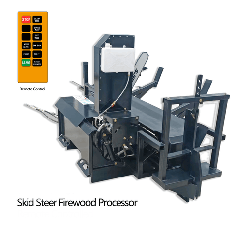 Skid steer firewood processor with 45-ton splitter attached
Log splitter with Stihl saw mounting plate
Firewood processing log cradle and splitting wedge
Heavy-duty 45-ton log processor on worksite
Operator splitting wood from skid steer seat