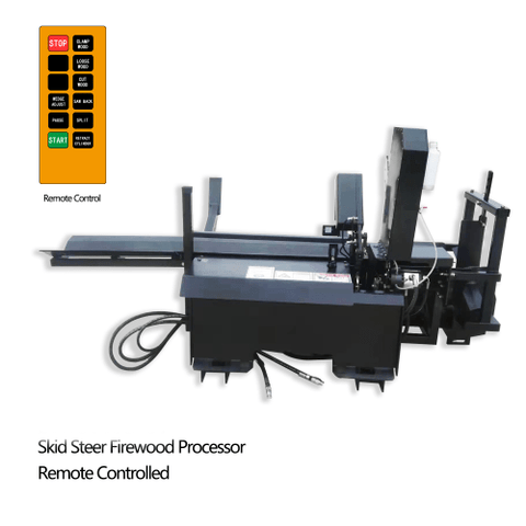 Skid steer firewood processor with 45-ton splitter attached
Log splitter with Stihl saw mounting plate
Firewood processing log cradle and splitting wedge
Heavy-duty 45-ton log processor on worksite
Operator splitting wood from skid steer seat