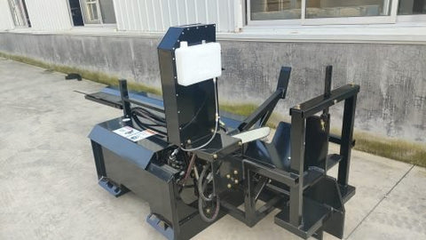 Skid steer firewood processor with 45-ton splitter attached
Log splitter with Stihl saw mounting plate
Firewood processing log cradle and splitting wedge
Heavy-duty 45-ton log processor on worksite
Operator splitting wood from skid steer seat