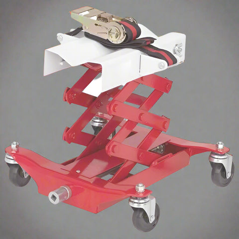 “450 lb red low lift transmission jack with swivel casters”
“Heavy-duty steel frame transmission jack under vehicle”
“Low-profile automotive transmission lift tool”