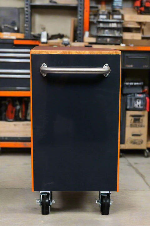 46-inch heavy-duty tool workbench with drawers
Mobile storage cabinet with wood top and wheels
Rolling tool bench in orange and black
Garage workbench with 9 locking drawers